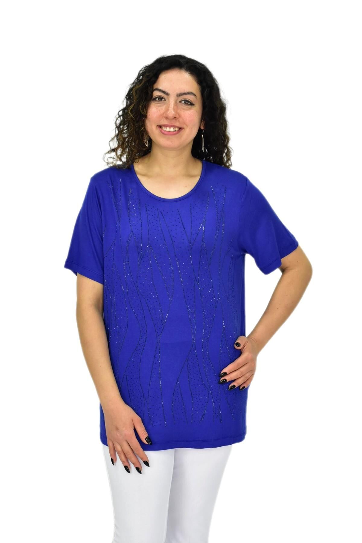 Kadın Viskon Taşlı Kısa Kol Bluz BGL-ST04679 SAKS MAVİ - 2XL