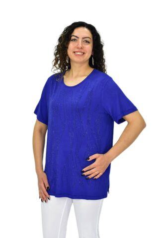 Kadın Viskon Taşlı Kısa Kol Bluz BGL-ST04679 SAKS MAVİ - 2XL