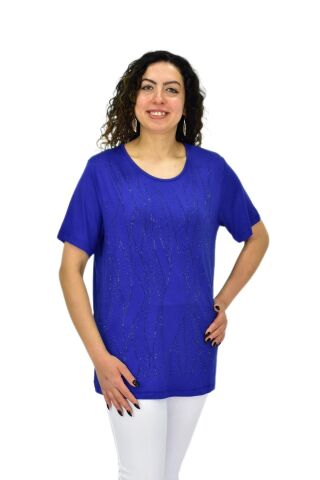 Kadın Viskon Taşlı Kısa Kol Bluz BGL-ST04679 SAKS MAVİ - 2XL