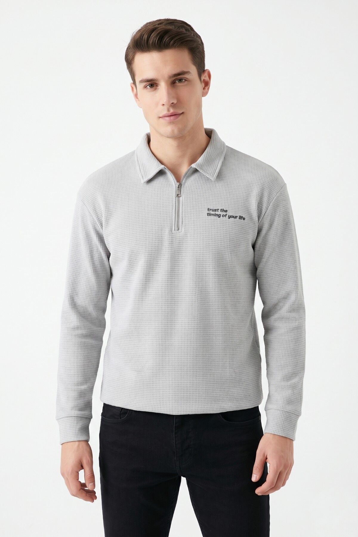 Erkek Spor Polo Yaka Petek Dokulu Sweatshırt BGL-ST05442 A.GRİ - L