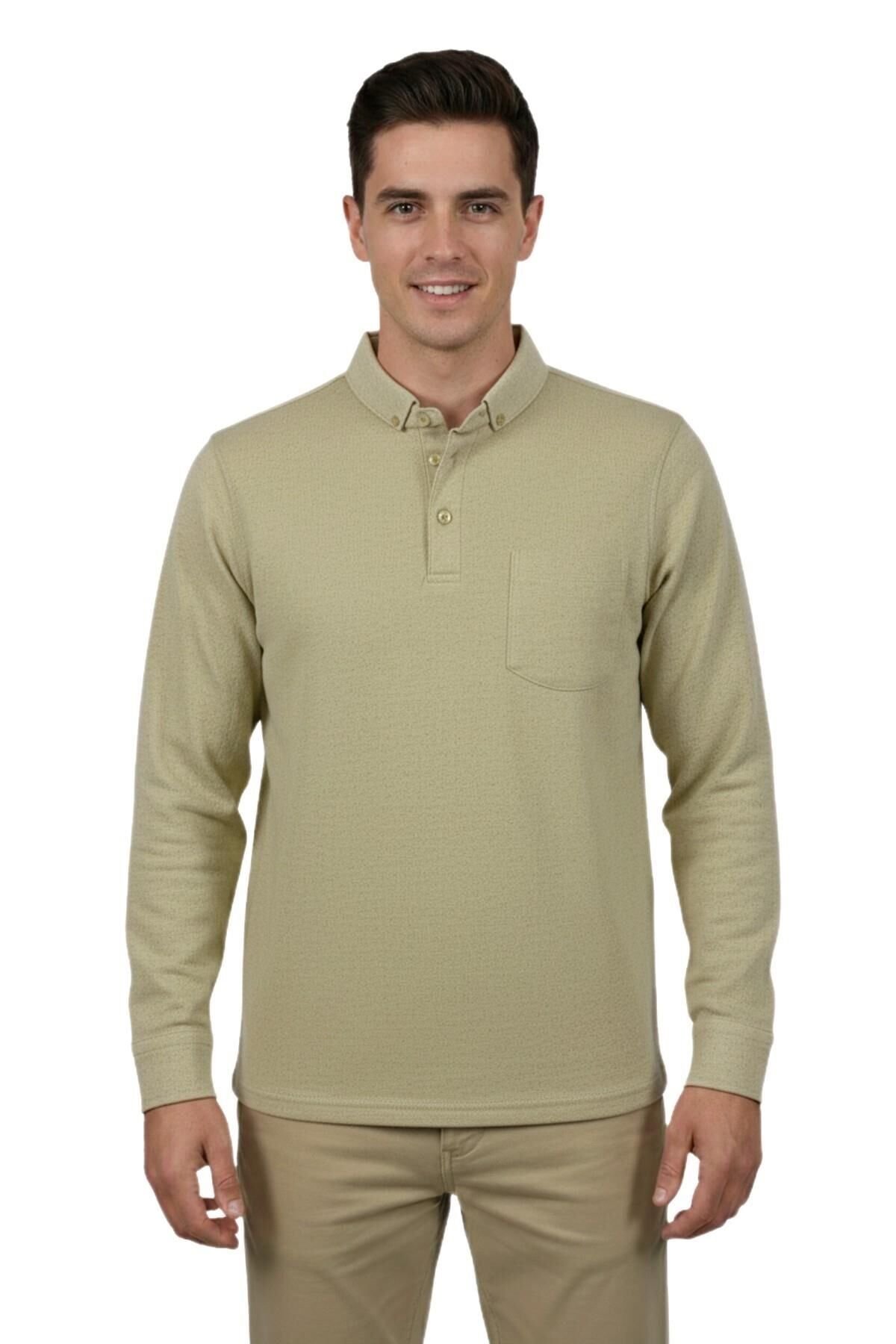 Erkek Gömlek Yaka Jakarlı Cepli Regular Fit Sweatshirt BGL-ST04957 BEJ - 3XL