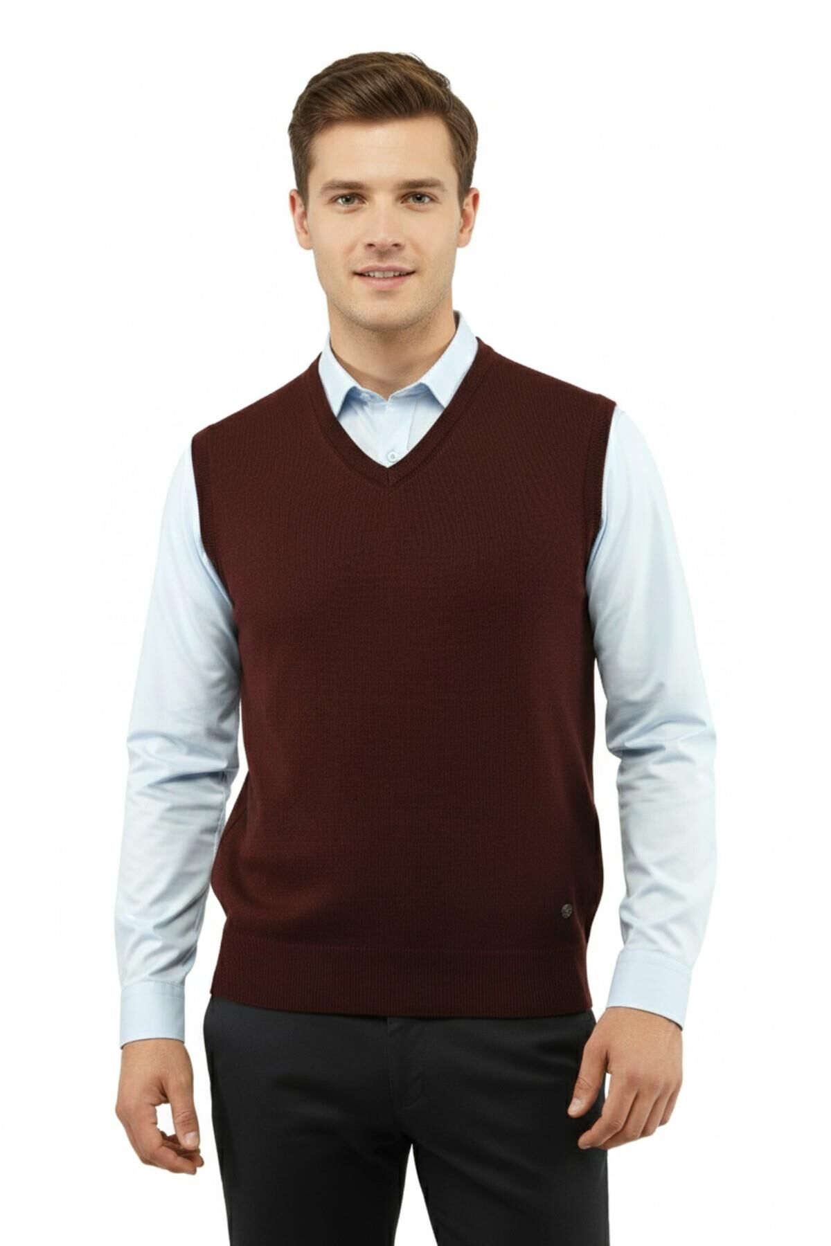 Erkek V Yaka Süveter Çelik Örgü Regular Kalıp 5200H BGL-ST04962 BORDO - 2XL