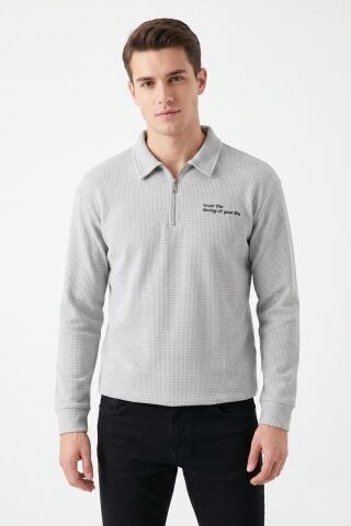 Erkek Spor Polo Yaka Petek Dokulu Sweatshırt BGL-ST05442 A.GRİ - 2XL