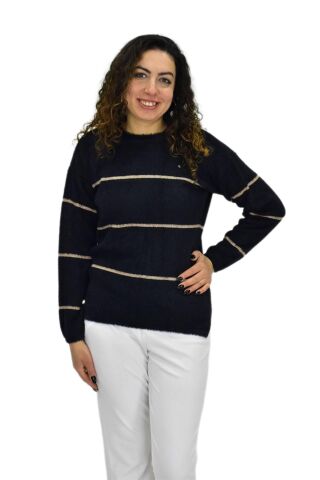 Kadın Çizgili Yumoş Spor Triko Kazak BGL-ST04124 SİYAH - S/M
