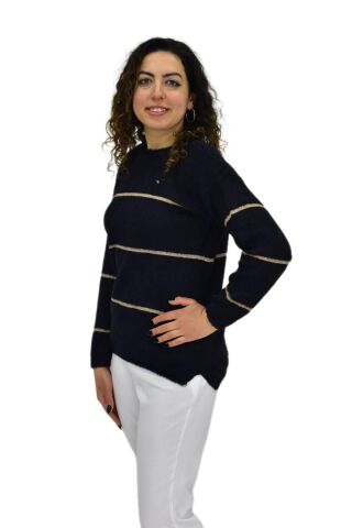 Kadın Çizgili Yumoş Spor Triko Kazak BGL-ST04124 SİYAH - S/M