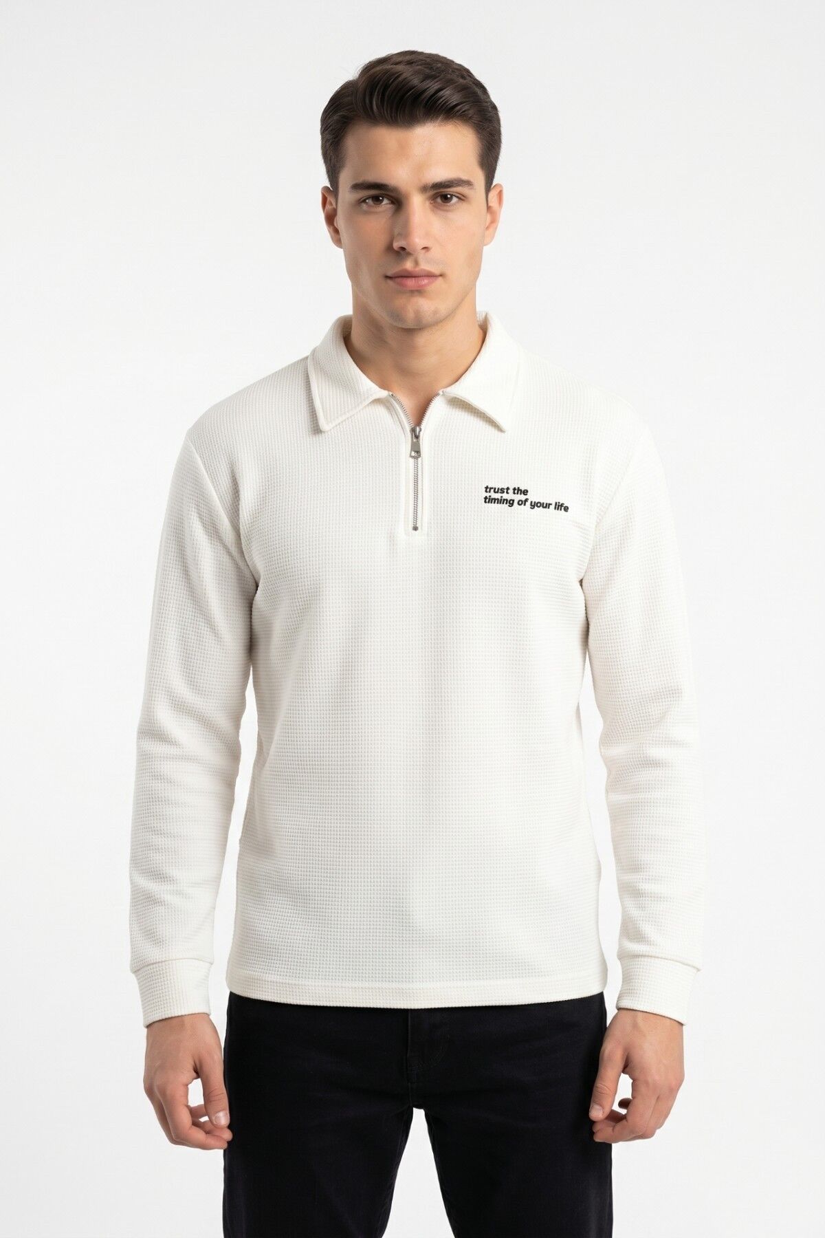 Erkek Spor Polo Yaka Petek Dokulu Sweatshırt BGL-ST05442 BEYAZ - M