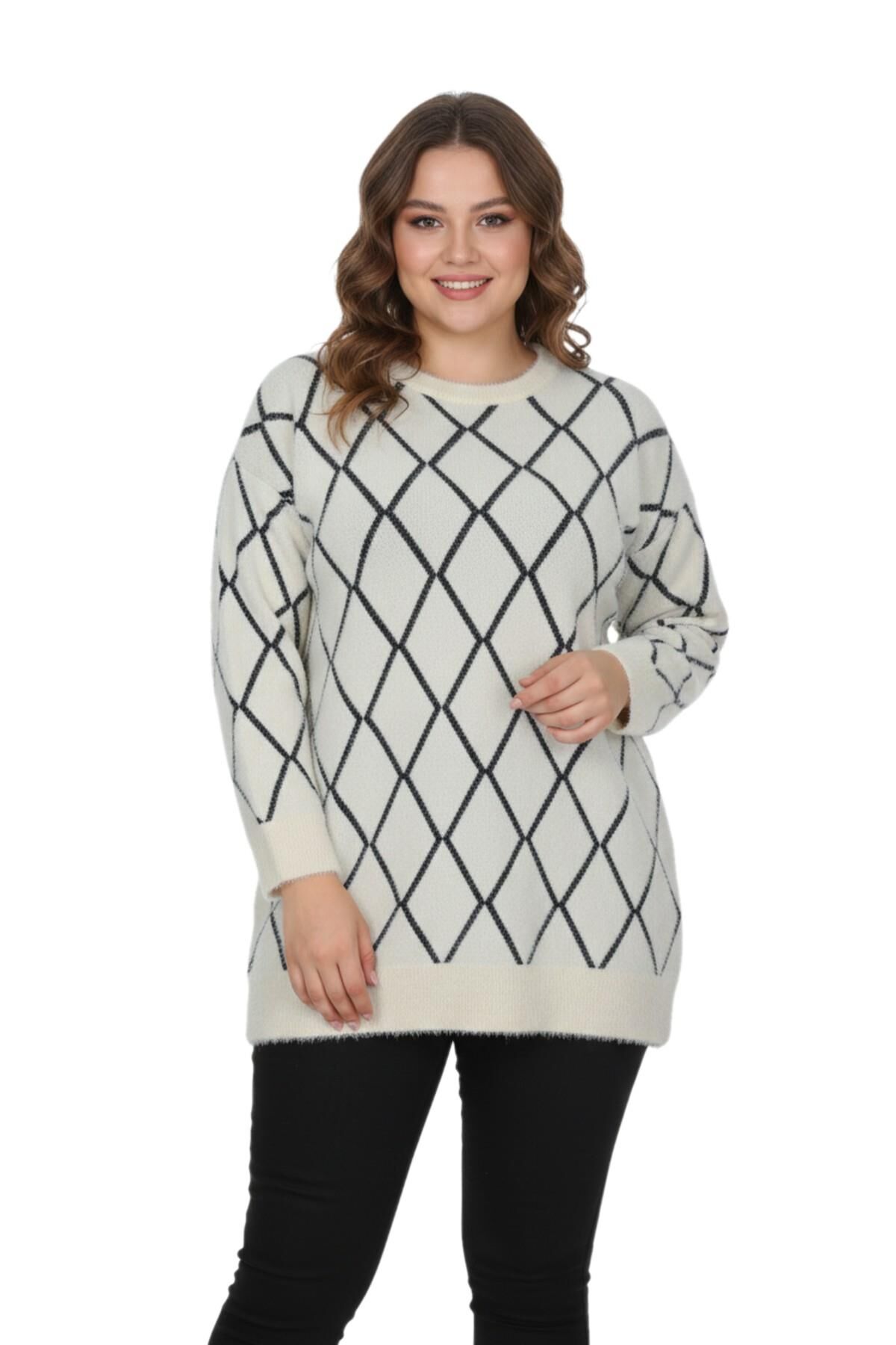 Kadın Baklava Desen Kazak 5060 BGL-ST04070 EKRU - L/XL