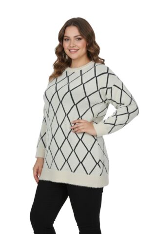 Kadın Baklava Desen Kazak 5060 BGL-ST04070 EKRU - L/XL