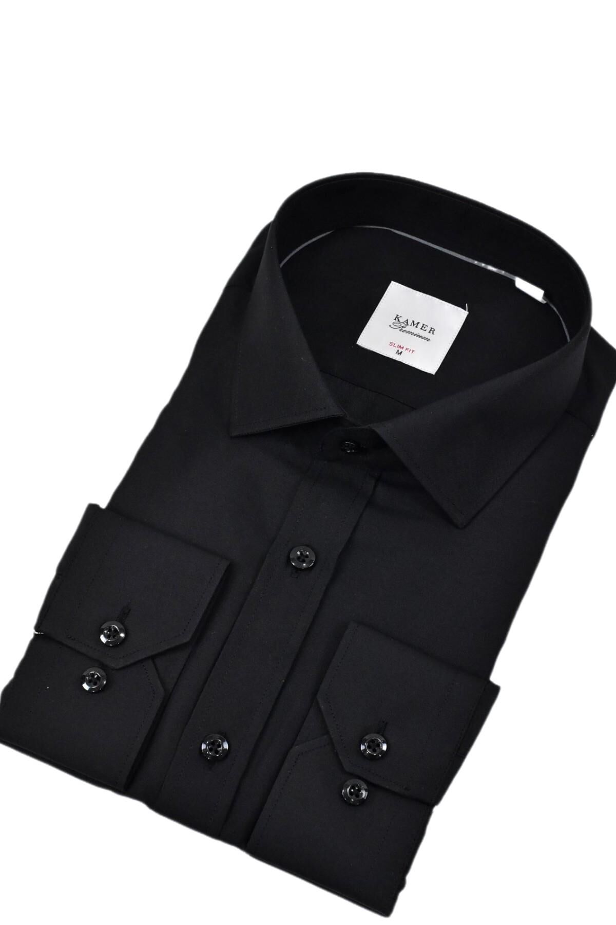 Erkek Slim Fitt Uzun Kol Kulplu Gömlek 2396 BGL-ST04379 SİYAH - XL