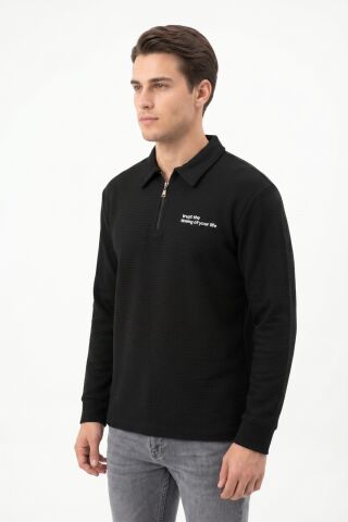 Erkek Spor Polo Yaka Petek Dokulu Sweatshırt BGL-ST05442 SİYAH - L