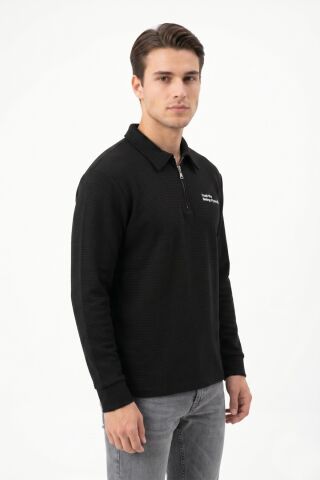 Erkek Spor Polo Yaka Petek Dokulu Sweatshırt BGL-ST05442 SİYAH - L