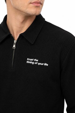 Erkek Spor Polo Yaka Petek Dokulu Sweatshırt BGL-ST05442 SİYAH - L