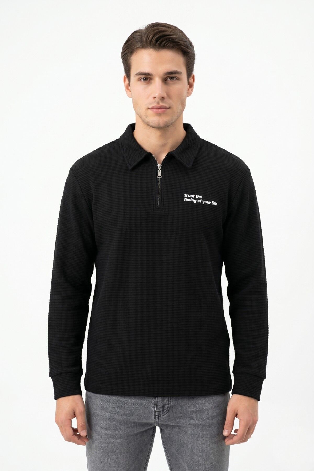 Erkek Spor Polo Yaka Petek Dokulu Sweatshırt BGL-ST05442 SİYAH - 2XL