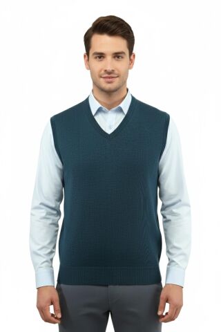 Erkek V Yaka Süveter Çelik Örgü Regular Kalıp 5200H BGL-ST04962 PETROL - XL