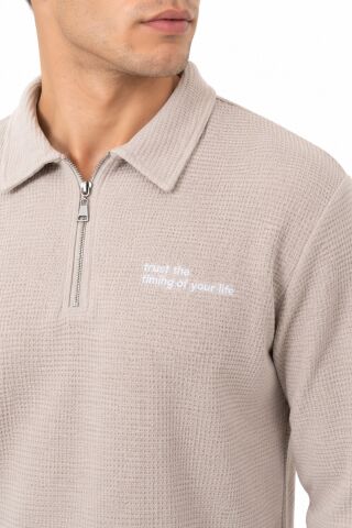 Erkek Spor Polo Yaka Petek Dokulu Sweatshırt BGL-ST05442 TAŞ - S