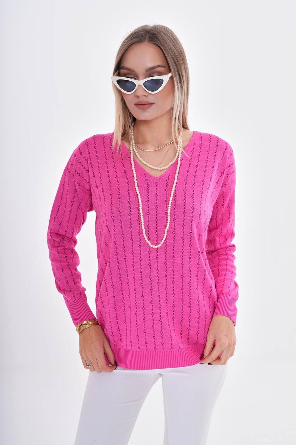 Kadın V Yaka Simli Kazak 12799 BGL-ST04107 FUŞYA - L/XL