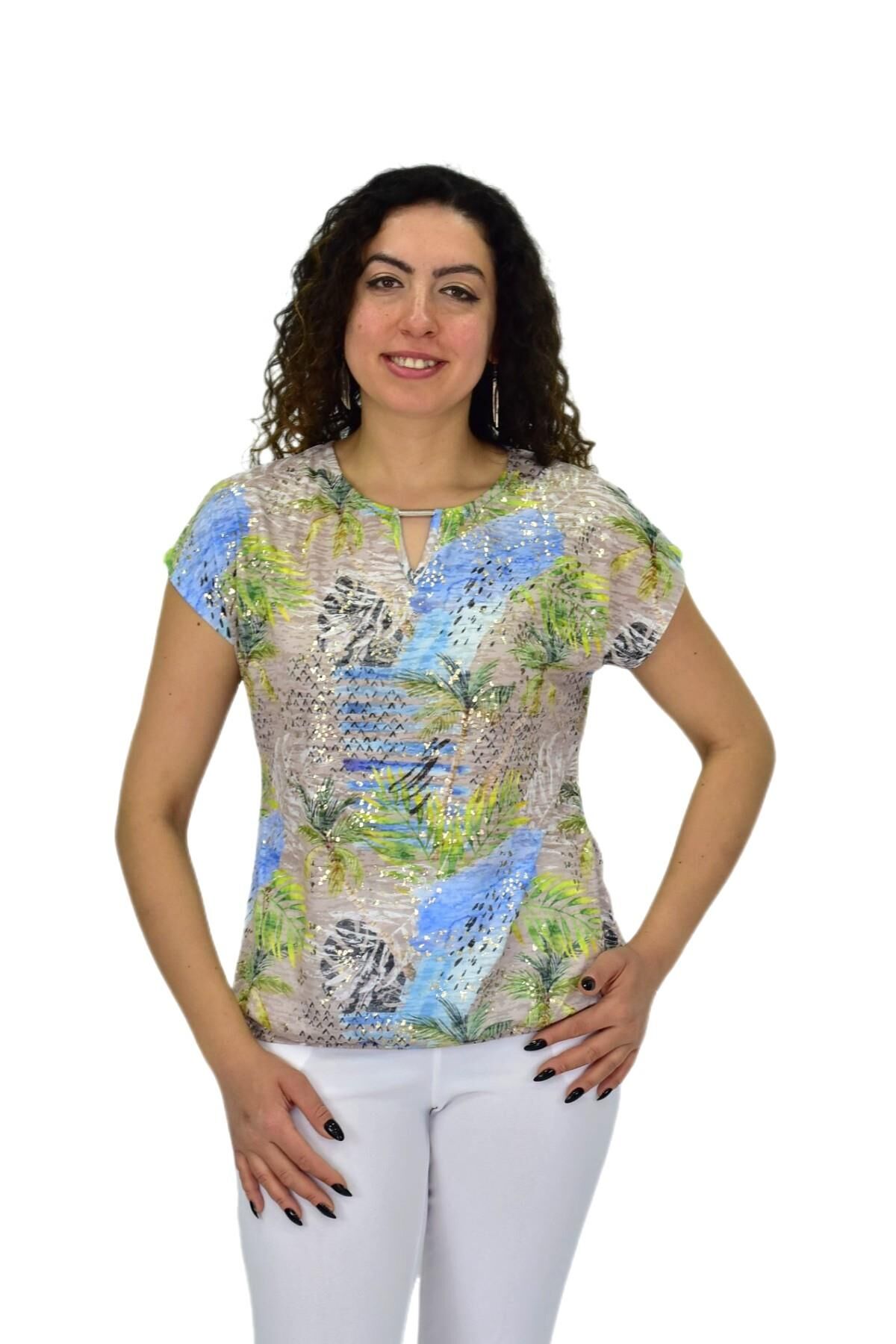 Kadın Kısa Kol Baskılı Bluz BGL-ST04690 BEJ - XL