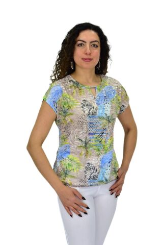 Kadın Kısa Kol Baskılı Bluz BGL-ST04690 BEJ - XL