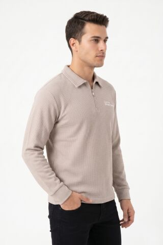 Erkek Spor Polo Yaka Petek Dokulu Sweatshırt BGL-ST05442 TAŞ - 2XL