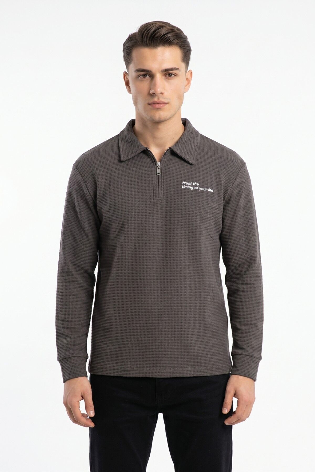 Erkek Spor Polo Yaka Petek Dokulu Sweatshırt BGL-ST05442 VİZON - M