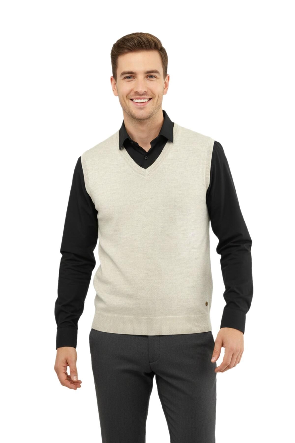 Erkek V Yaka Süveter Çelik Örgü Regular Kalıp 5200H BGL-ST04962 TAŞ - XL