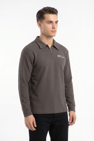 Erkek Spor Polo Yaka Petek Dokulu Sweatshırt BGL-ST05442 VİZON - XL