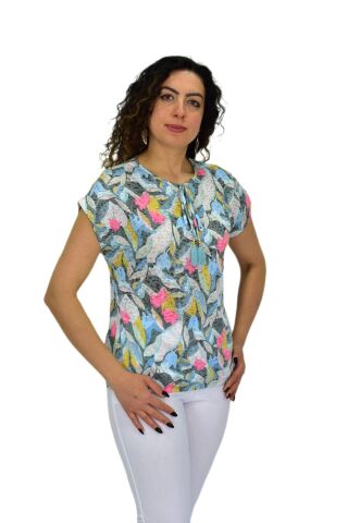 Kadın Kısa Kol Baskılı Bluz BGL-ST04704 MİNT-YEŞİLİ - XL