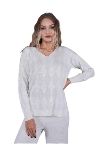 Kadın V Yaka Yaka Baklava Dilimi Simli Kazak 12819 BGL-ST04226 BEYAZ - M/L