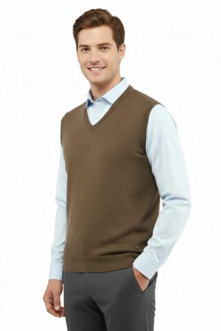 Erkek V Yaka Süveter Çelik Örgü Regular Kalıp 5200H BGL-ST04962 VİZON - M