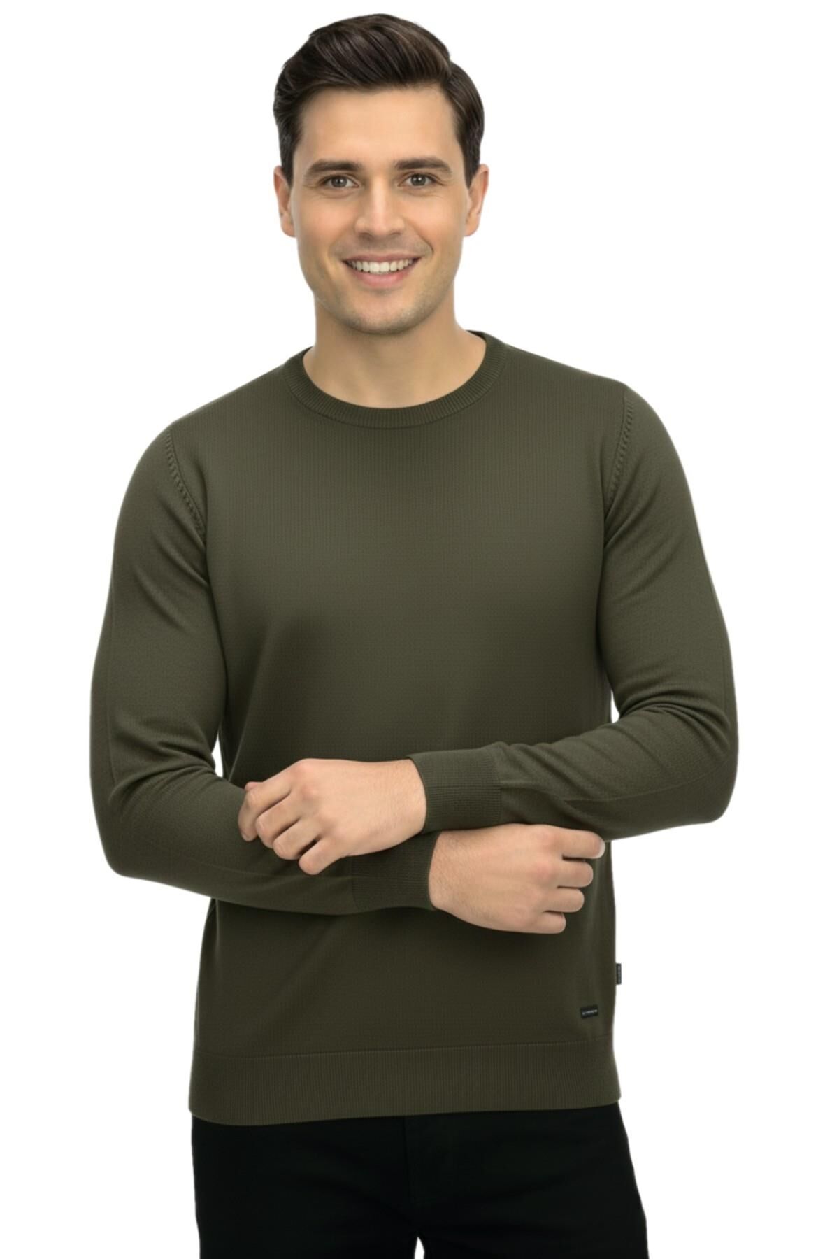 Erkek Spor Sıfır Yaka Regular Fit Kazak BGL-ST04953 HAKİ - 2XL