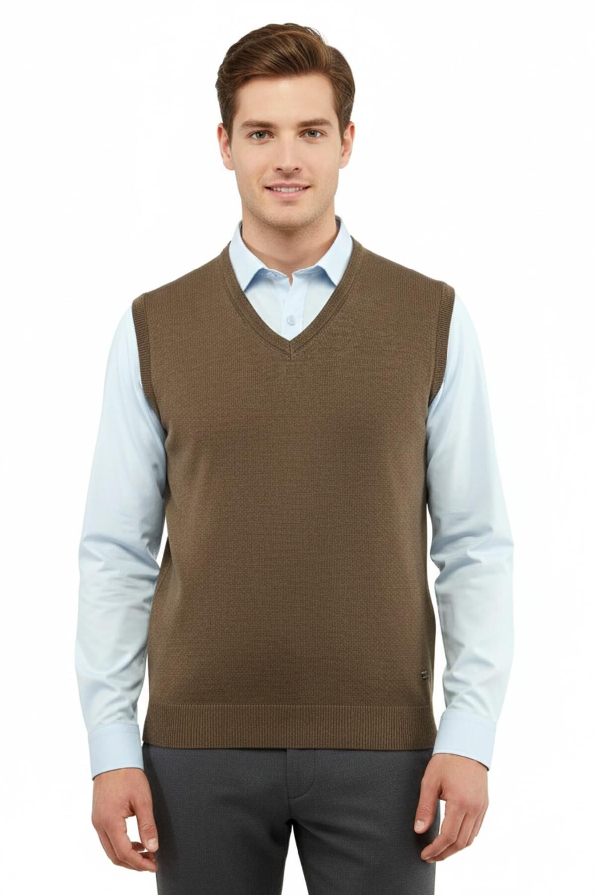 Erkek V Yaka Süveter Çelik Örgü Regular Kalıp 5200H BGL-ST04962 VİZON - 2XL