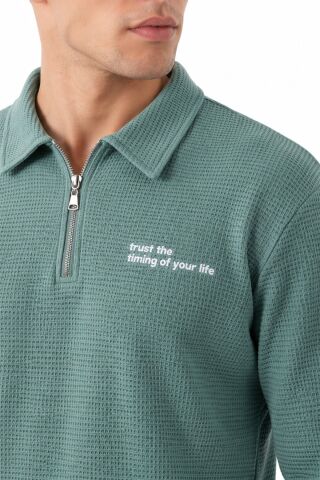 Erkek Spor Polo Yaka Petek Dokulu Sweatshırt BGL-ST05442 YEŞİL - XL