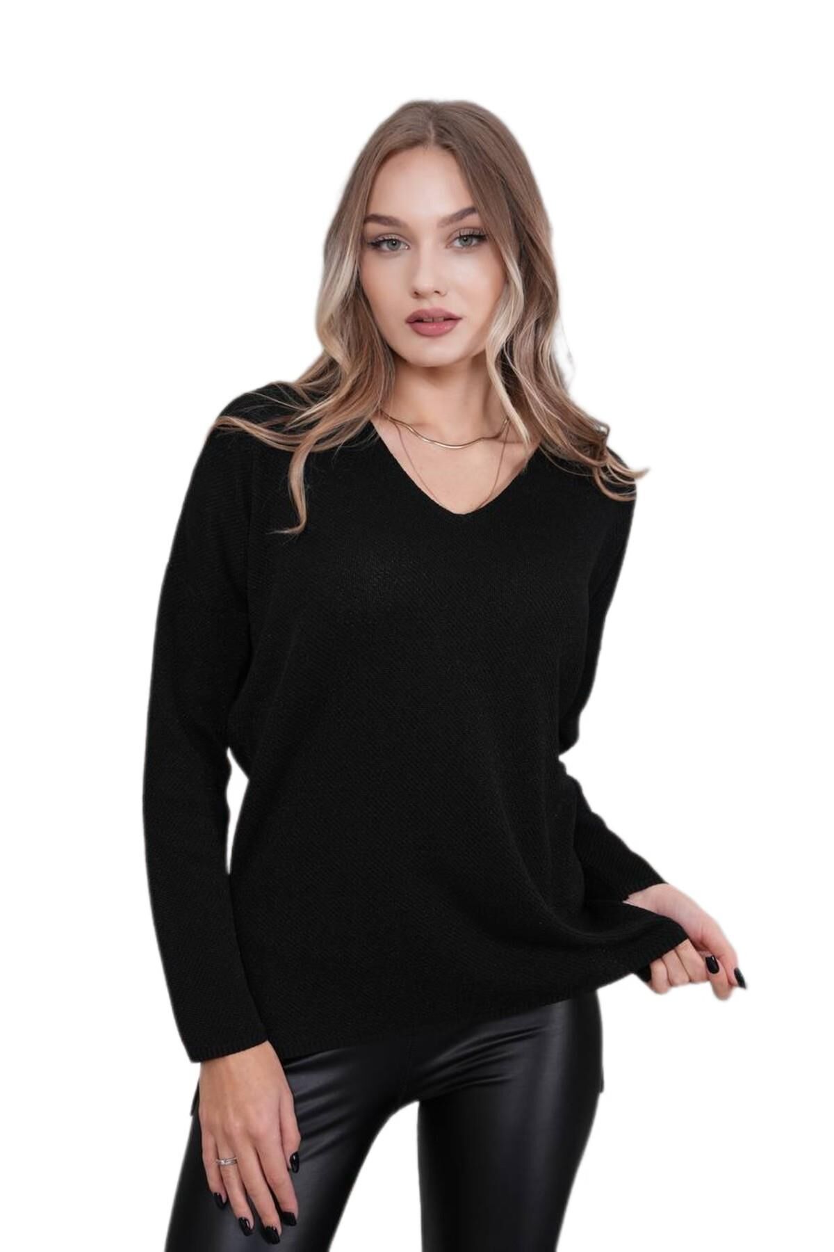 Kadın V Yaka Yaka Simli Kazak 12815 BGL-ST04225 SİYAH - M/L