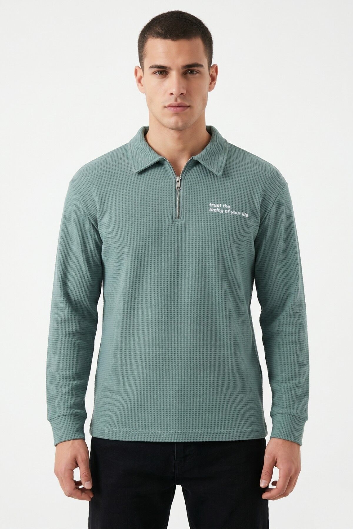 Erkek Spor Polo Yaka Petek Dokulu Sweatshırt BGL-ST05442 YEŞİL - 2XL