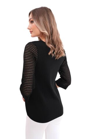 Kadın V Yaka Kol Fileli Kazak 12767 BGL-ST04222 SİYAH - M/L
