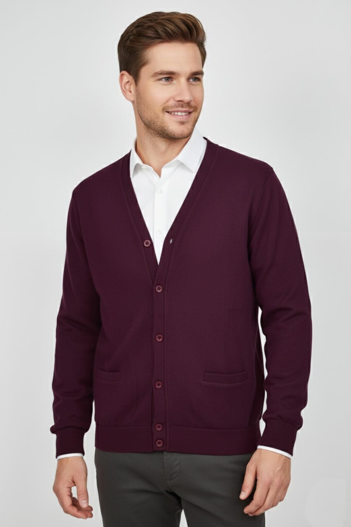 Erkek Spor Selanik Düğmeli Hırka Regular Kalıp BGL-ST04873 MÜRDÜM - 2XL