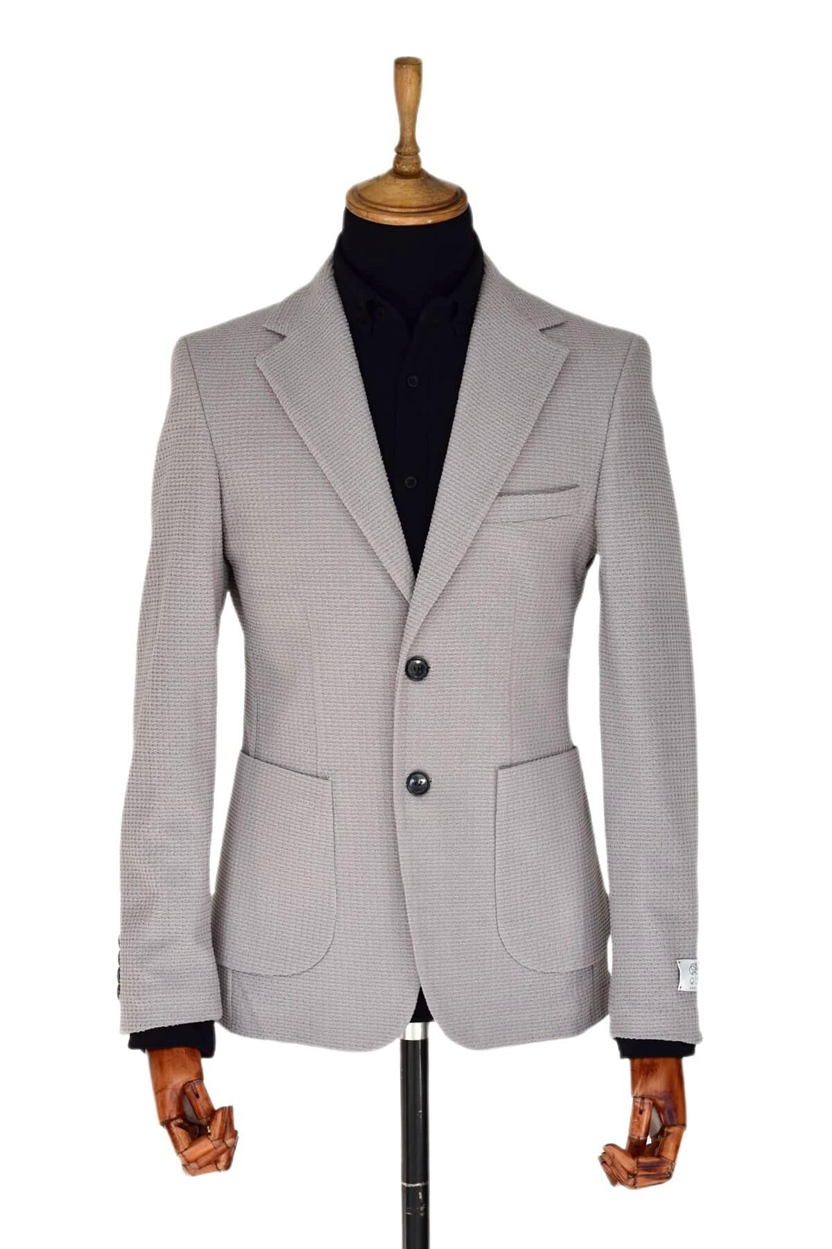 Erkek Tek Spor Ceket Çift Yırtmaçlı Gofre BGL-ST03587 GRİ - 58
