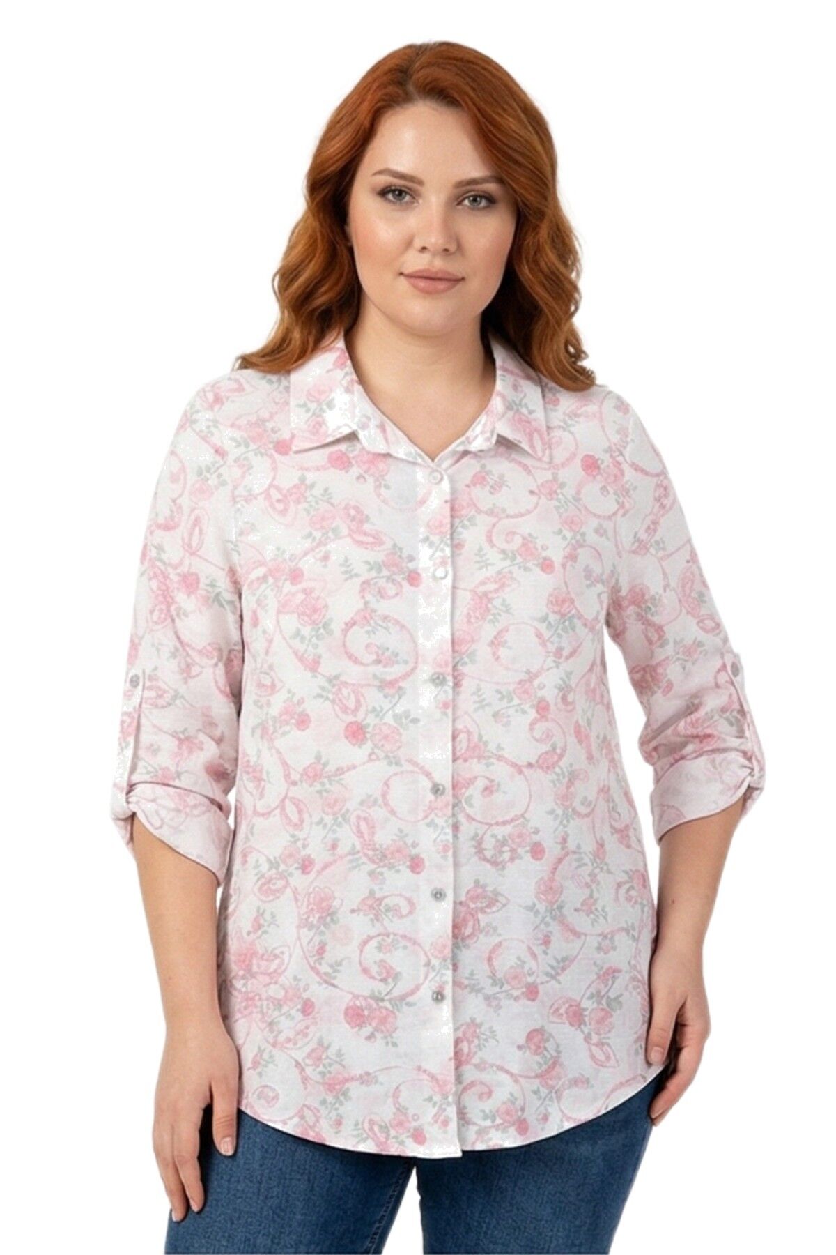 Kadın Uzun Kol Gömlek BGL-ST04665 PEMBE - 52