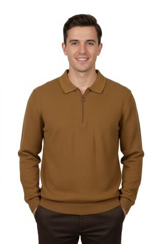 Erkek Regular Fit Polo Yaka Petek Triko Kazak BGL-ST04825 BEJ - XL