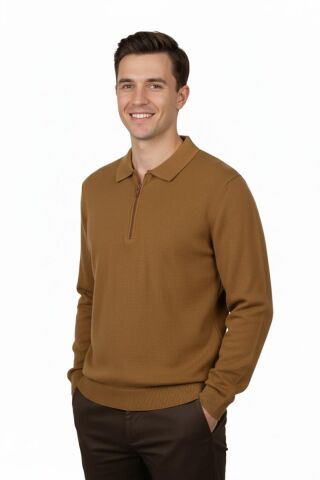 Erkek Regular Fit Polo Yaka Petek Triko Kazak BGL-ST04825 BEJ - XL