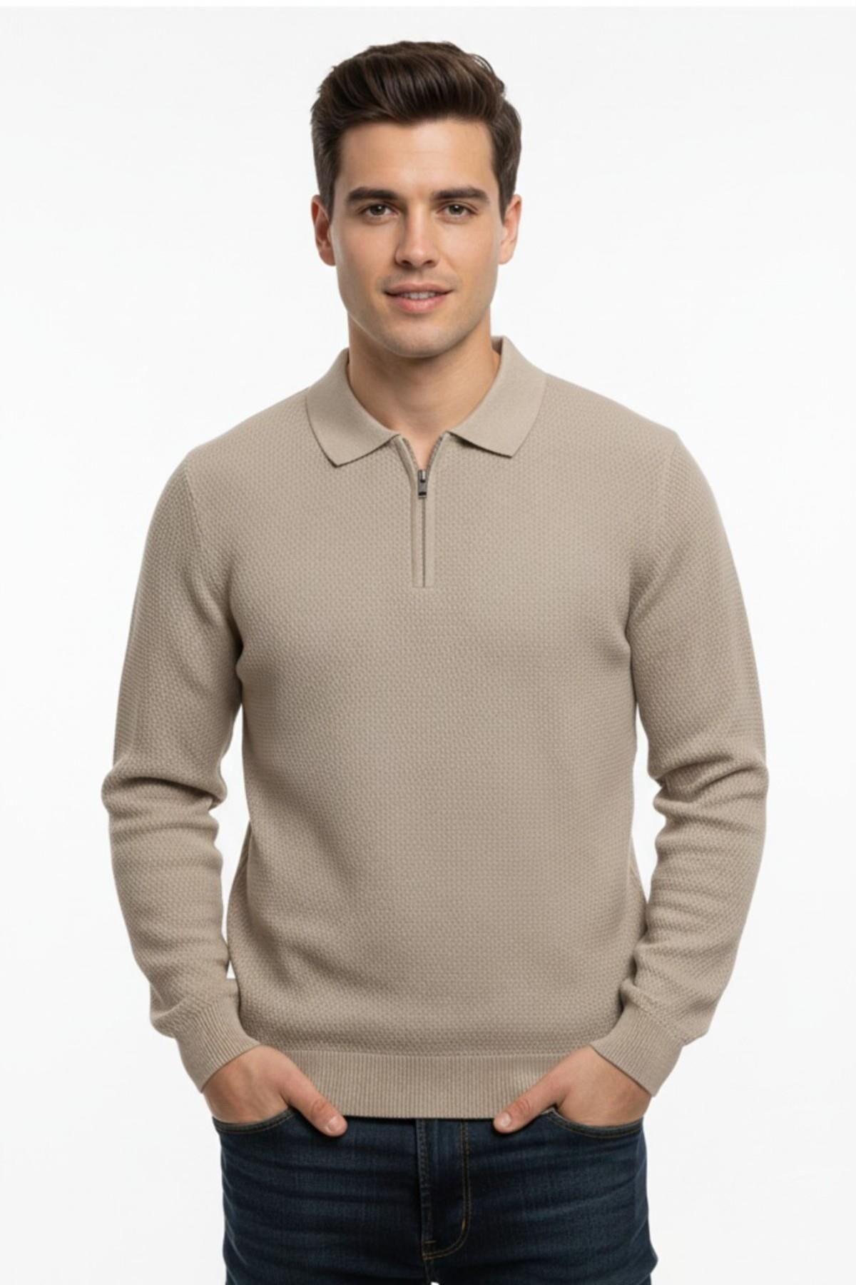 Erkek Regular Fit Polo Yaka Petek Triko Kazak BGL-ST04825 BEJ - 2XL