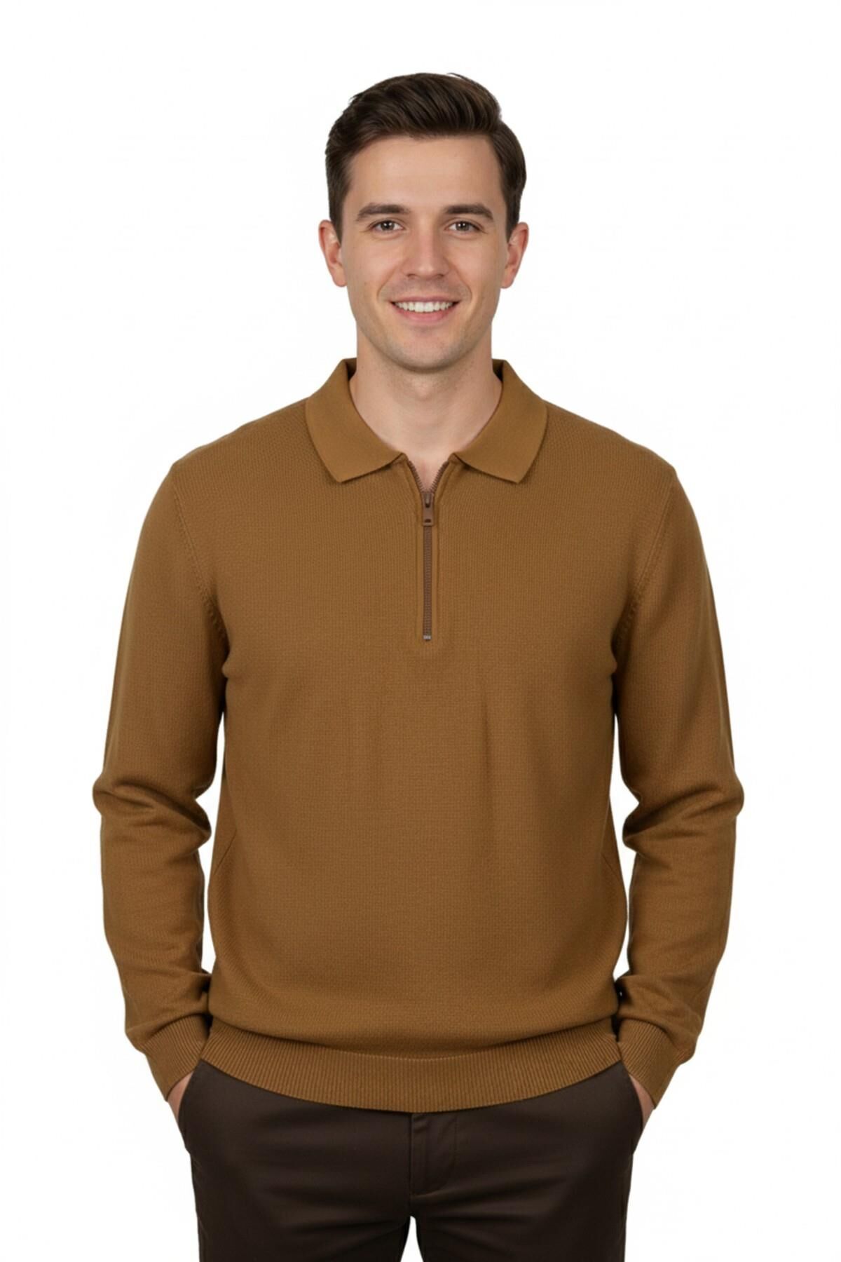 Erkek Regular Fit Polo Yaka Petek Triko Kazak BGL-ST04825 CAMEL - M