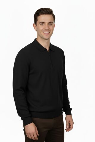 Erkek Regular Fit Polo Yaka Petek Triko Kazak BGL-ST04825 SİYAH - M
