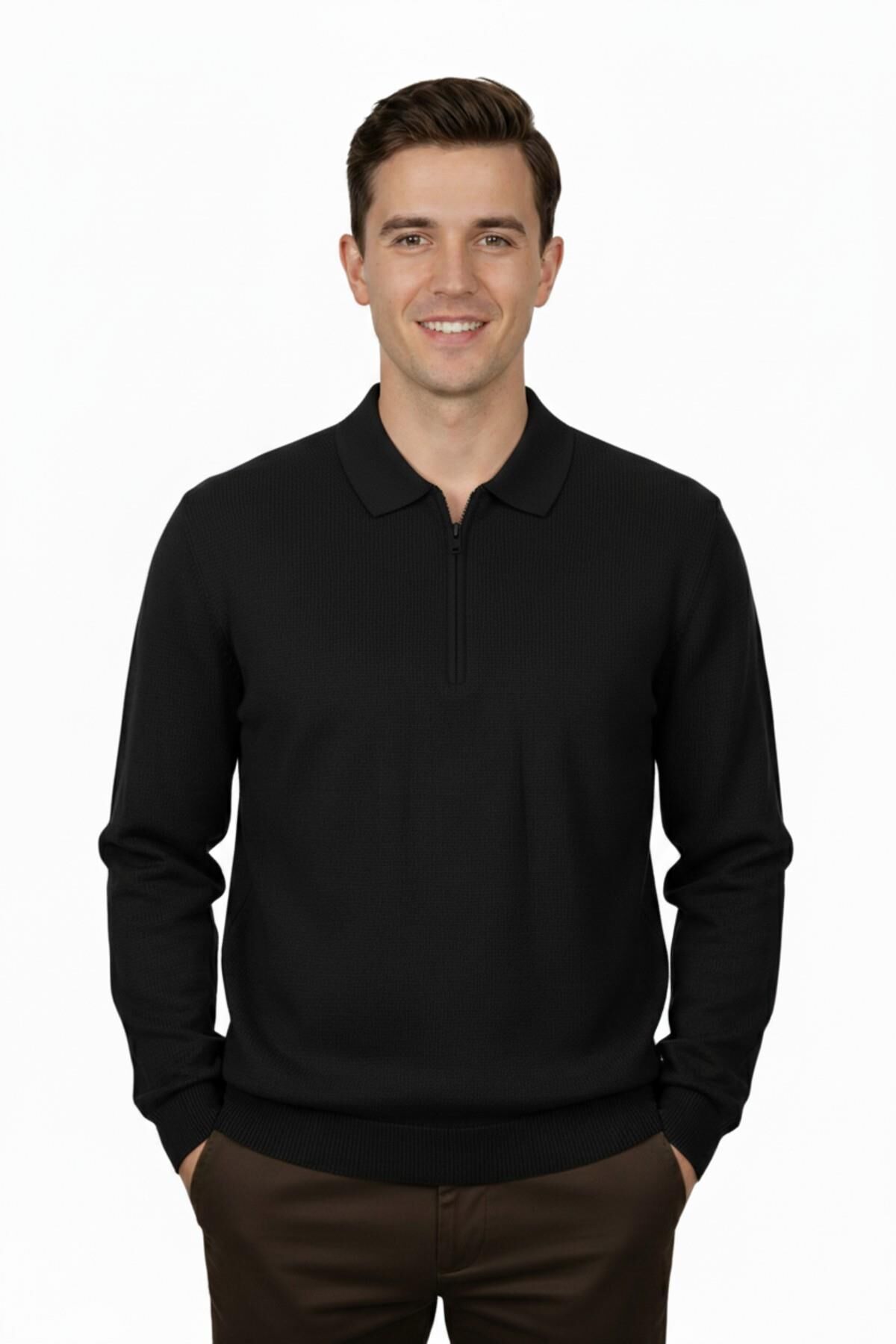 Erkek Regular Fit Polo Yaka Petek Triko Kazak BGL-ST04825 SİYAH - XL