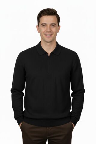 Erkek Regular Fit Polo Yaka Petek Triko Kazak BGL-ST04825 SİYAH - XL