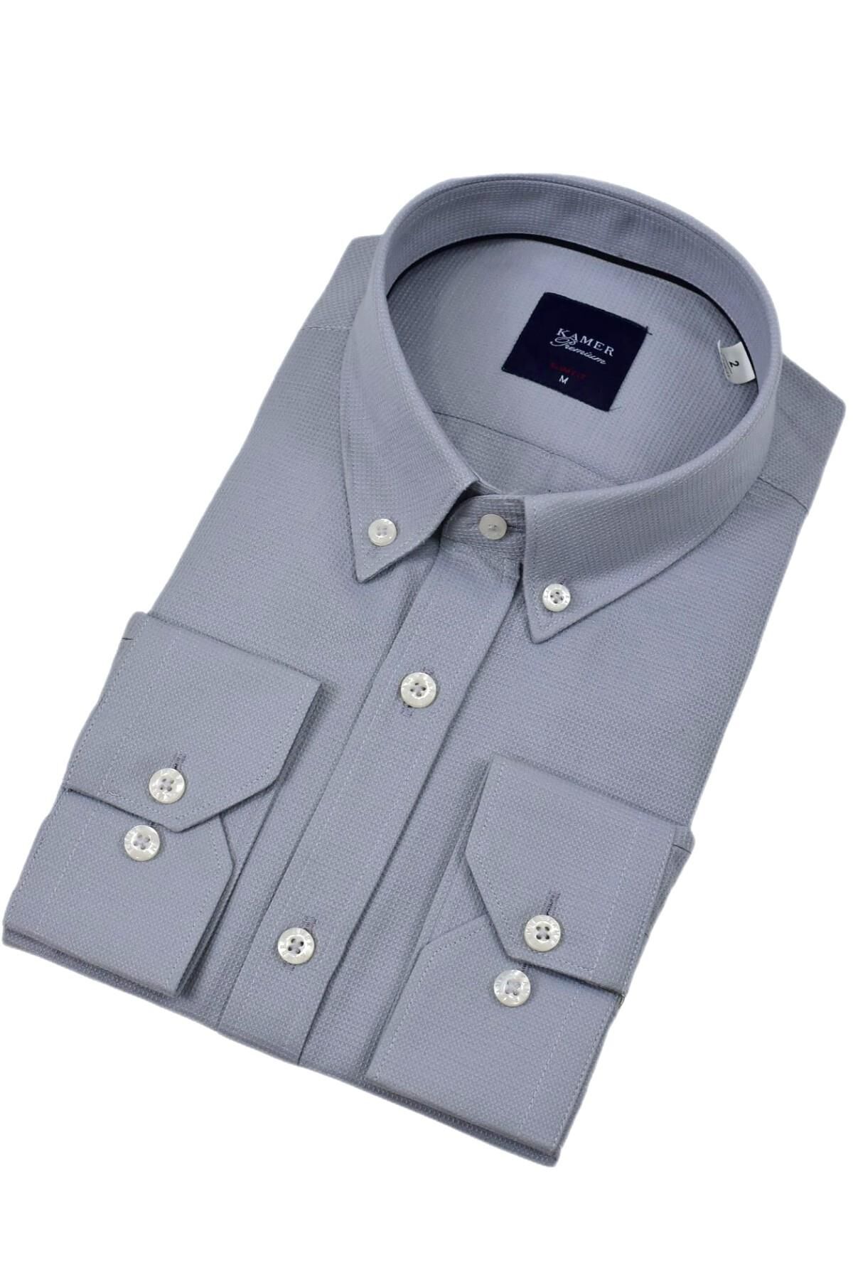 Erkek Slim Fitt Uzun Kol Gömlek 2424 BGL-ST04381 GRİ - L