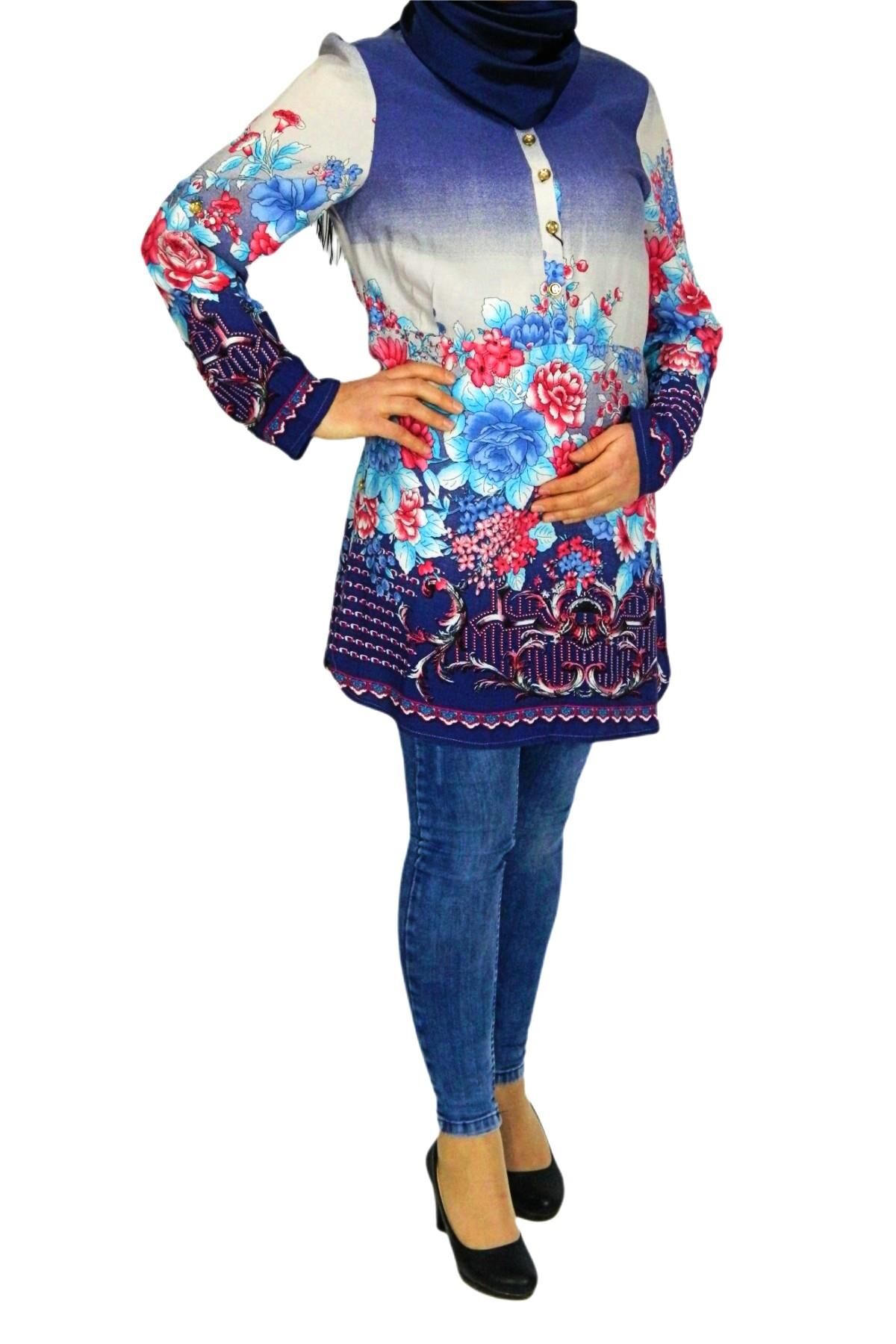 Kadın Lacivert Çiçekli Tunik AKR303 LACİVERT - 38