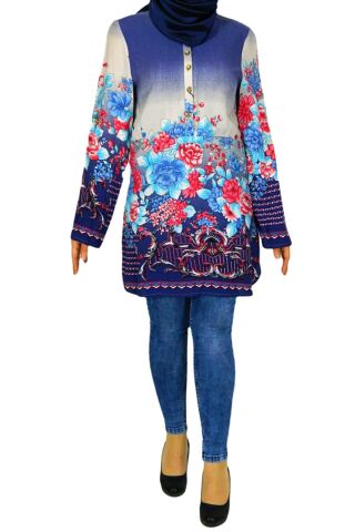 Kadın Lacivert Çiçekli Tunik AKR303 LACİVERT - 38
