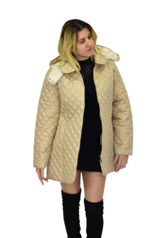 Kadın Kapitone Kapüşonlu Mont  BGL-ST04113 BEJ - 2XL