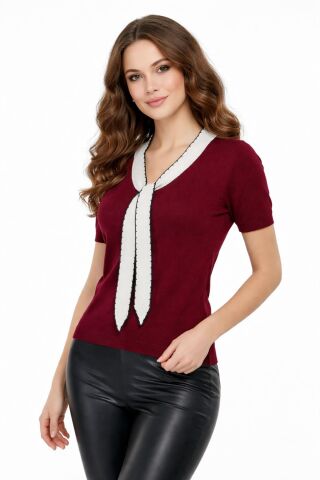 Kadın Triko Kısa Kol Bluz 12935 BGL-ST05310 BORDO - M/L